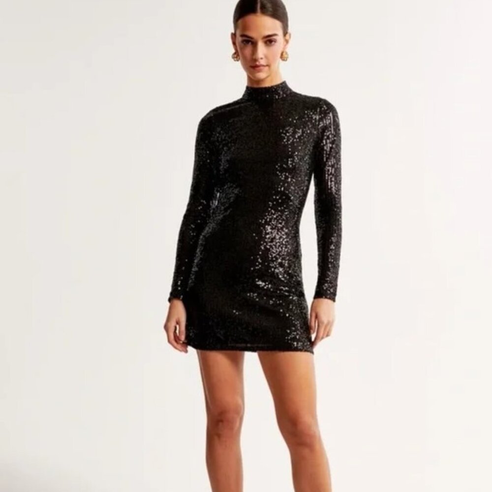 Long-Sleeve Sequin Mockneck Mini Dress